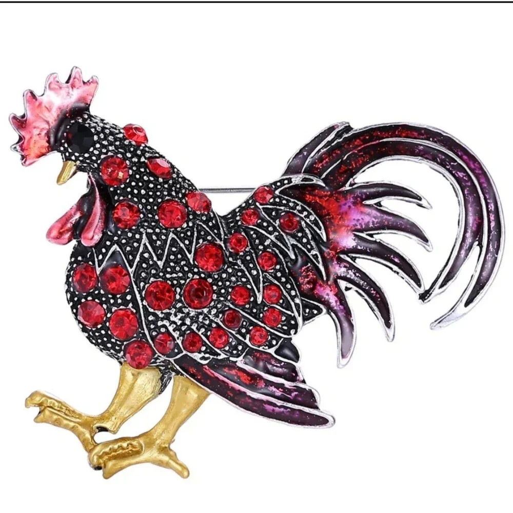 Red Rooster Brooch Pin - Black & Red Enameling with Red Rhinestones
